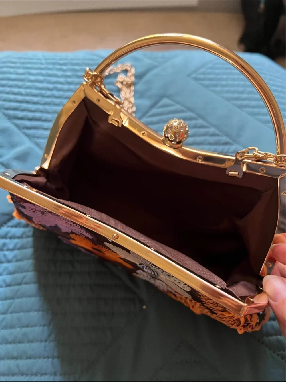 Embellished Floral Sequin Frame Bag in Brown and Orange - Picture 3 of 3